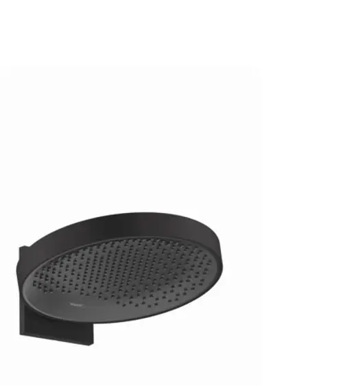 Schwarze Wandkopfbrause mit einem runden, flachen Kopfteil und gleichmäßiger Düsenanordnung. Design von Hansgrohe, geeignet für Wandmontage.